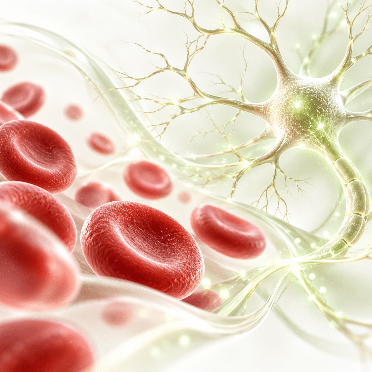 B12 vitamininin kan hücreleri ve sinir sistemiyle ilişkisini simgeleyen temsili hücre illüstrasyonu