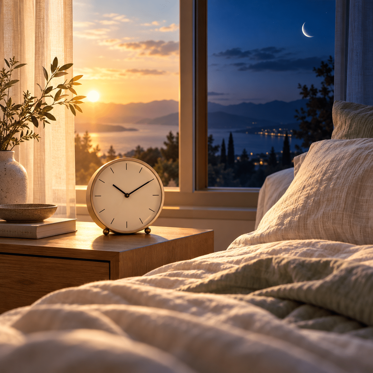 Gündüz ve gece ışığını bir arada gösteren yatak odasında analog saat ve yatak.