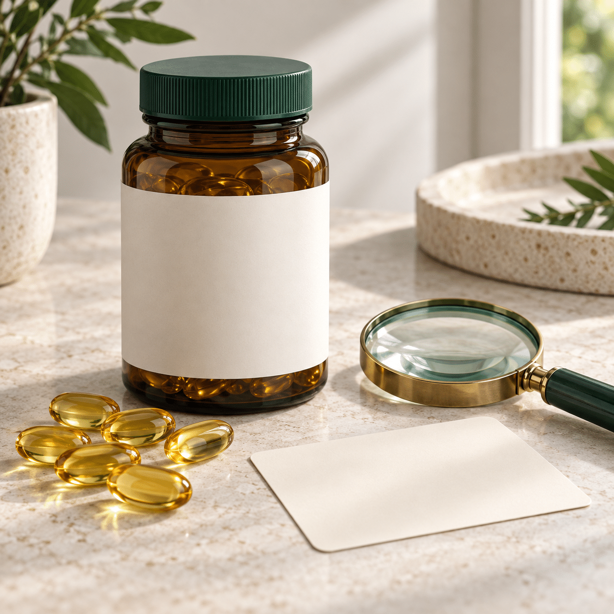 Etiketi büyüteçle incelenen markasız takviye şişesi ve omega-3 yumuşak kapsüllerini gösteren temsili görsel